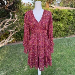 House of Harlow 1960 Purple‎ Floral Paisley Tiered Mini Dress Smocked Waist Sz 6